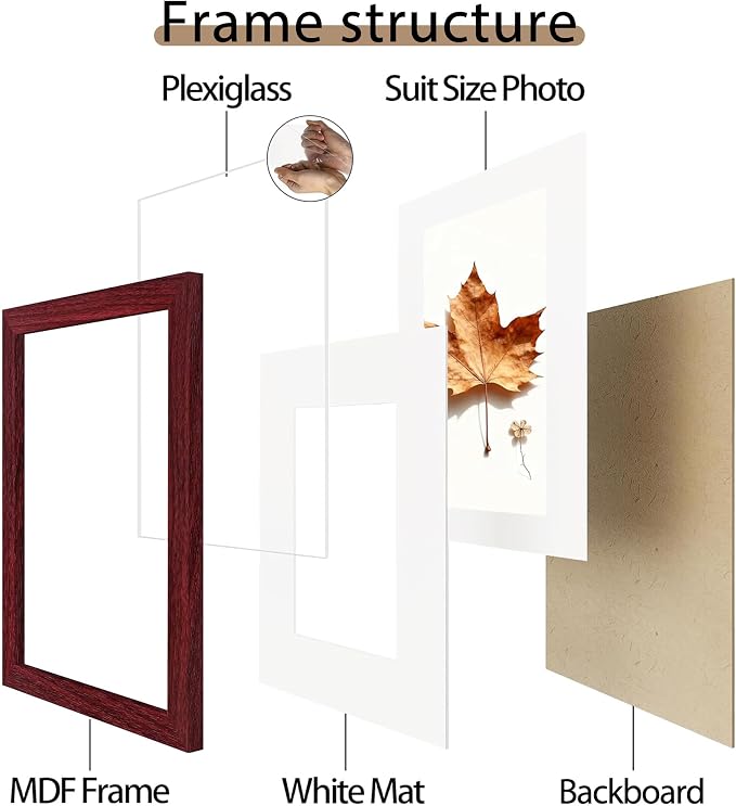 Picrit 12x16 Picture Frame Set of 12, Display 8.5x11 with Mat or 12x16 without Mat, Photo Frames for Wall Mounting Display, Dark Red Wood