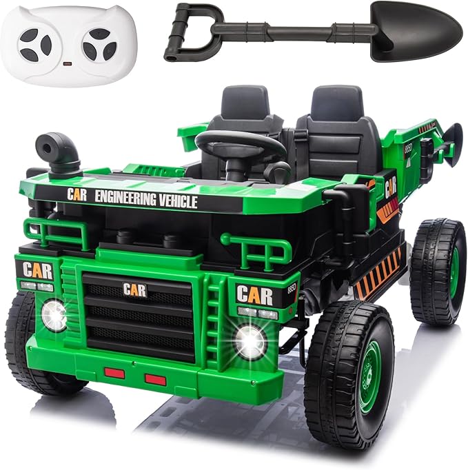 POSTACK XL 24 Volt Kids Ride on Toy, Ride on Construction Vehicle with 4 Powerful Motors Side by Side, 20" Spacious Two Seater Ride On Toddler Car with Electric Dump Bed, Green