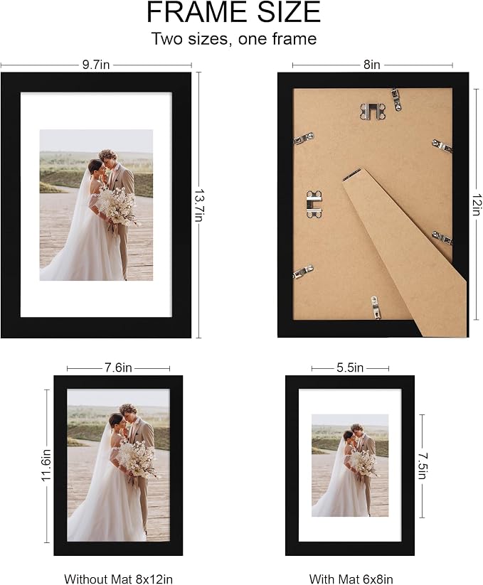 Hongkee 8x12 Picture Frame Set of 4, Made of Real Glass and Black Wooden Frame - Display 6x8 Picture with Mat or 8 x 12Poster Without Mat, 8 by 12 Photo for Wall or Tabletop