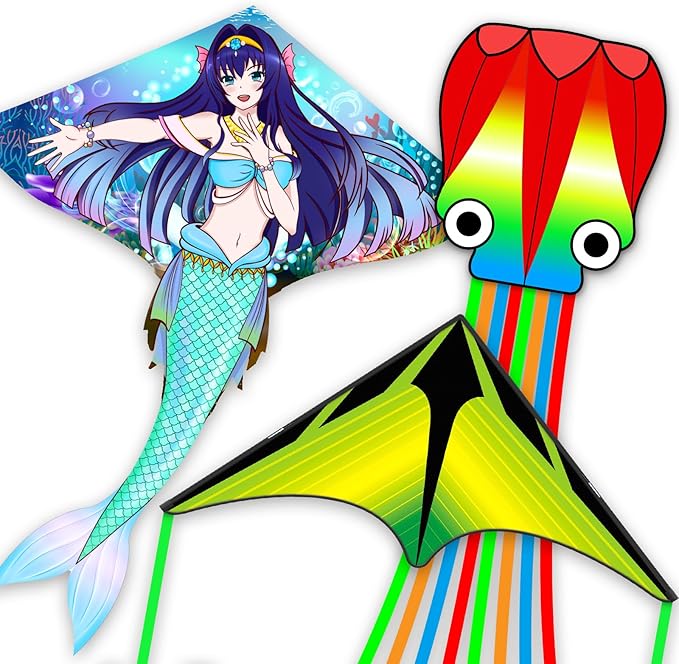 Kites for Adults & Kids Ages 4-8,Beach Kites Easy to Fly for Beginner, with Handle and 328ft Kite String，Best Toy and Gift for Boys & Girls. (Blue Haired Mermaid+Grassland+Octopus, 3)