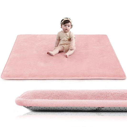 Huloo Sleep Baby Play Mat for Floor,1.3" Thick Elasti-Foam 47"×47" Playpen Mat for Tummy Time,Water Repellent Soft Coral Velvet for Toddler,Infant,Kids,Non-Slip Backing Safe for Crawling（Pink）