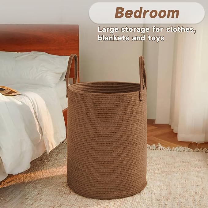 JMvicyroam 80L Cotton Rope Laundry Basket Hamper, Golden Jute | Collapsible laundry basket, reinforced handles, freestanding, machine washable, holds 3-5 thick blankets, clothes or toys