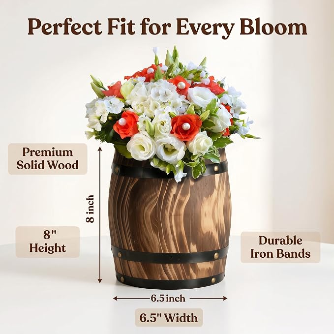 4Pcs Ippoulas Wooden Wine Barrel Planters 8" x 6.5" - Set of Rustic Wood Vases for Flowers, Centerpieces Decor | Wine Barrel Wedding, Party, Home Decoration