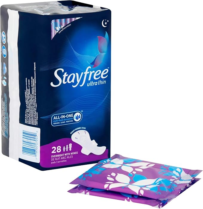 Stayfree Ultra Thin Overnight Pads with Wings, For Women, Reliable Protection and Absorbency of Feminine Moisture, Leaks and Periods, 28 Count