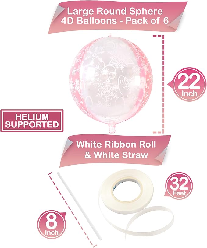 KatchOn, Huge 22 Inch Pink Snowflake Balloons - Pack of 6 | Mylar Snowflake Balloon, Pink Snowflake Decorations | Birthday Decorations For Women | Baby Shower, Princess Birthday Decoration