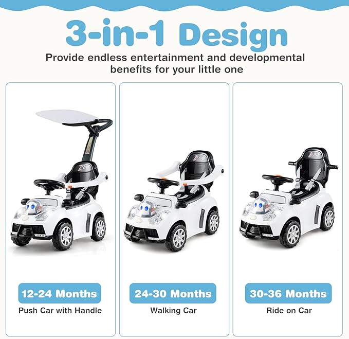 Costzon Push Car for Toddlers, 3 in 1 Stroller Sliding Walking Car with Handle, Canopy, Seat Belt, Horn, Music & Lights, Under-Seat Storage, Guardrail, Foot-to-Floor Ride On Toy for Boys Girls (White)