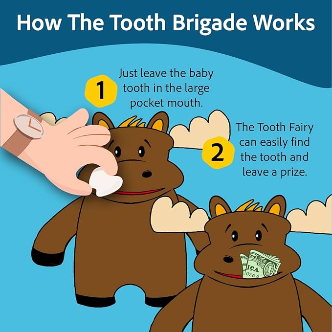 The Tooth Brigade Tooth Fairy Pillow | Stuffed Plush with Large Pocket Mouth for Lost Teeth, Treasures, Prizes - Fun and Interactive Plush, Perfect Kids, Boys, & Girls Gift (Twigs Moose)