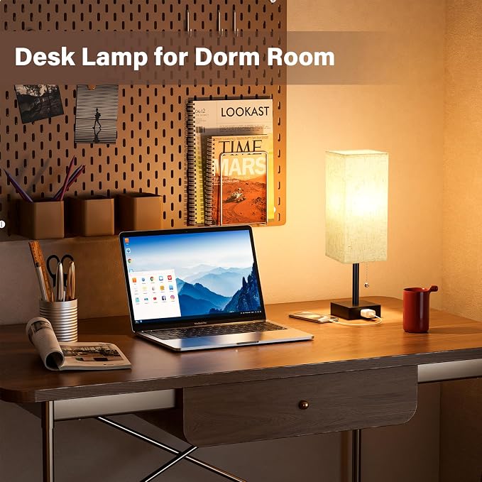 Bedside Table Lamps for Bedroom Set of 2 - Small Rectangular Nightstand Lamp with AC Outlet Charging Port, 3 Color Temperatures Desk Light with Bulb, Tabletop Reading Lamp for Living Room/Dorm/Office