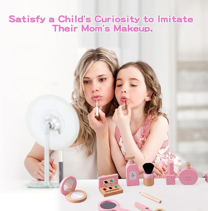 Ehome Wooden Beauty Salon Play Set, Makeup Kit Play Set Wood Makeup Toy Set for Toddler Pretend Play Makeup Kit with Realistic Accessories for Girls 3 4 5 6 7 8 Year Old Christmas Birthday Gifts