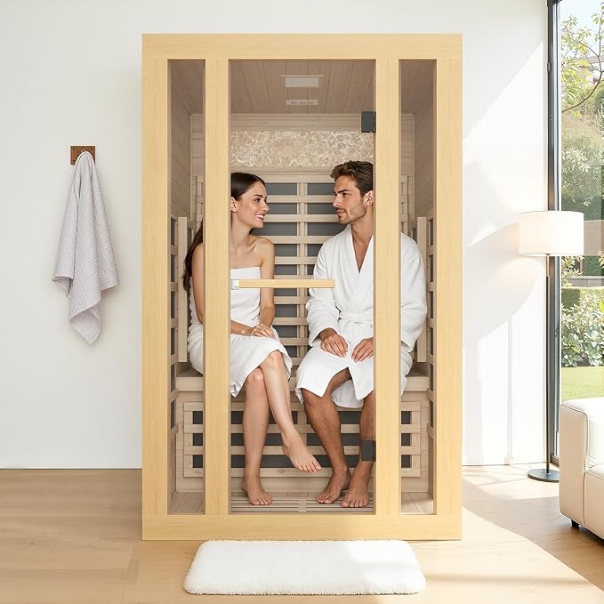 2 Person Far Infrared Sauna, Canadian Hemlock Thickened Wood, Extra-Thick Explosion-Proof Glass, 2000W Low EMF 110V with 7 Heaters, Chromotherapy Lights, Control Panel, Bluetooth Speaker, Natural Wood