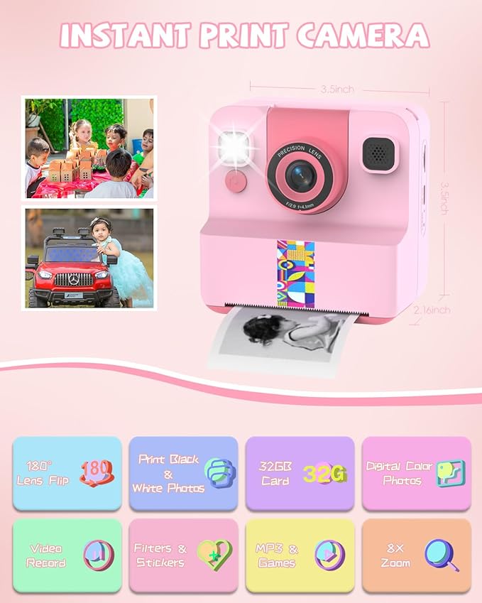 Kids Camera Instant Print, Digital Camera for Kids, 180° Rotating Selfie Lens with 32GB SD Card & 2 Rolls Printing Paper Kids Toy Birthday Gifts for Boys Girls Ages 3-12, Pink