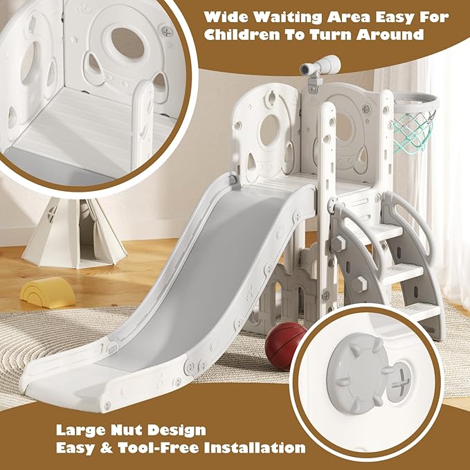 Glaf Toddler Slide 6 in 1 Outdoor Playset Indoor Playground for Kids Toddlers Age 1-3 Baby Slide with Basketball Hoop and Ball Storage Space and Telescope Freestanding Climber Slides Toys (Grey)