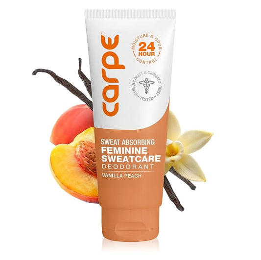 Carpe Feminine Sweatcare Intimate Deodorant - pH Balanced, 24Hr Moisture & Odor Control Whole Body Deodorant for Women - Gynecologist Tested & Safe for Private Parts - Vanilla Peach - 3oz