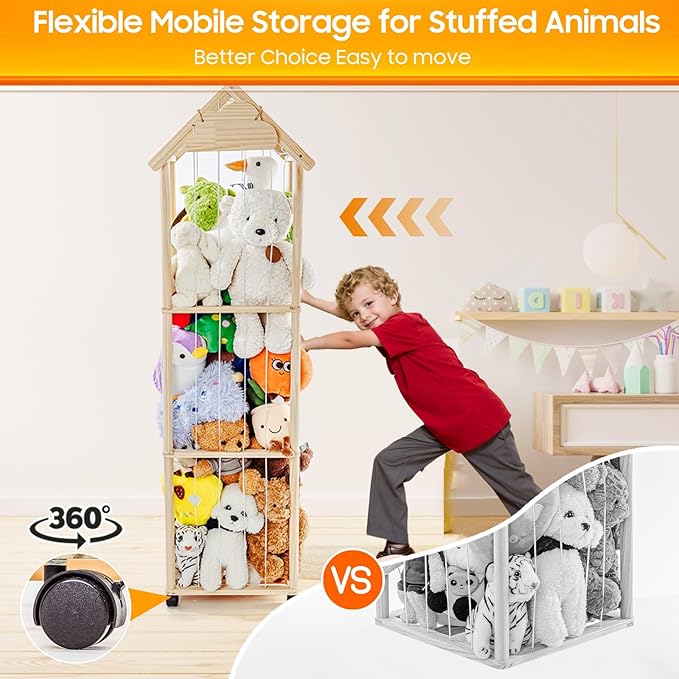Stuffed Animal Storage,Stuff Animal Organizer Display Wood Zoo Animals Toy Holder with Length Adjustable,360° Swivel Wheels Simple Installation for Nursery Play Room Bedroom