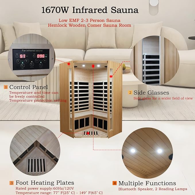 LTCCDSS 2-3 Person Infrared Sauna, Far Infrared Saunas for Home Low EMF Indoor Home Sauna Spa with Tempered Glass Door, Hemlock Wooden Corner Sauna Room,1670W/120V, Bluetooth Speaker, 2 Reading Lamps