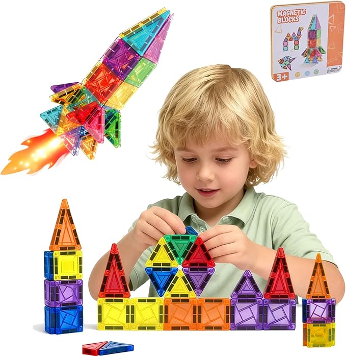 60PCS Mini Magnetic Tiles Building Blocks Set with Portable Iron Case, STEM Travel Toys for Kids Ages 3+, Educational Magnet Construction Puzzles for Boys and Girls,Toddler Puzzle Birthday Gift Toys