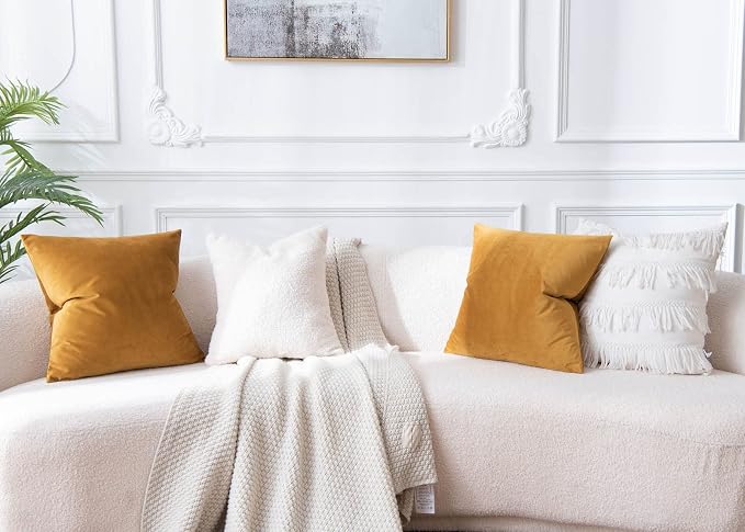 22x22 Velvet Throw Pillow Covers Set of 2 for Couch Sofa Bed,Mustard Yellow | JUSPURBET Decorative Pillow Covers with Invisible Zipper for Modern Living Room Bedroom Home Decor