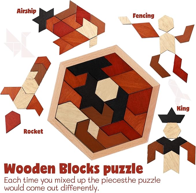 Yunsailing 3 Pack Hexagon Tangram Puzzle Wooden Brain Puzzles for Kid Adult Challenge Wood Russian Blocks Brain Teasers Toy Geometric Jigsaw Block Logic Iq Stem Toy for Family Party Gift(Vintage)