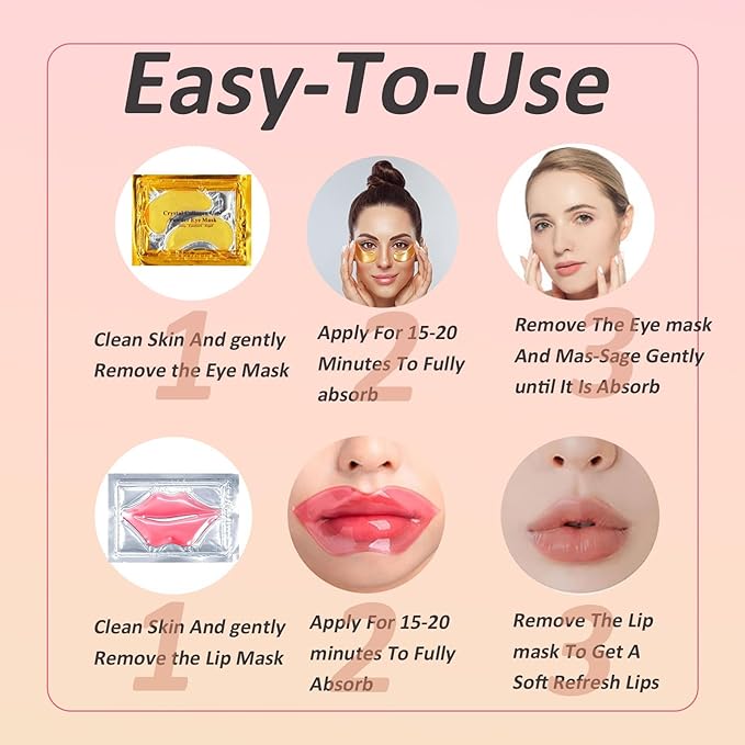 32 Pairs Eye Masks & Lip Masks, 24K Gold Gel Crystal Collagen Eye Patches for Puffy Eyes, MoisturizingLip Mask Pink Lip, Anti-Aging Eye andLip Masks for Reducing Fine Lines & Dark Circles