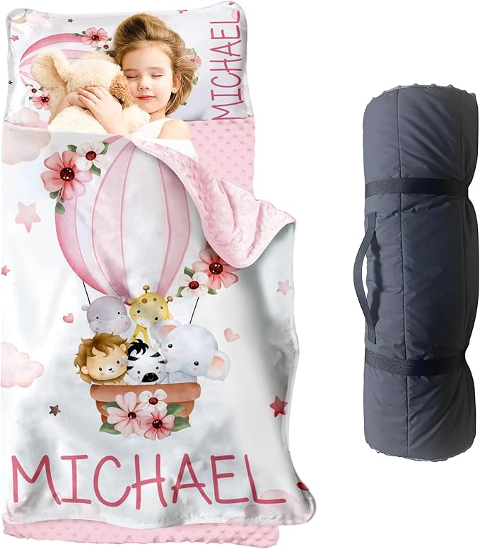 Personalized Toddler Nap Mat for Girls – Custom Name Kids Nap Mat – Daycare Sleeping Mats with Removable Pillow and Soft Minky Dot Blanket for Preschool, Travel, Kindergarten