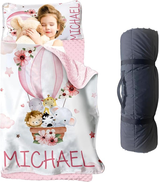 Personalized Toddler Nap Mat for Girls – Custom Name Kids Nap Mat – Daycare Sleeping Mats with Removable Pillow and Soft Minky Dot Blanket for Preschool, Travel, Kindergarten