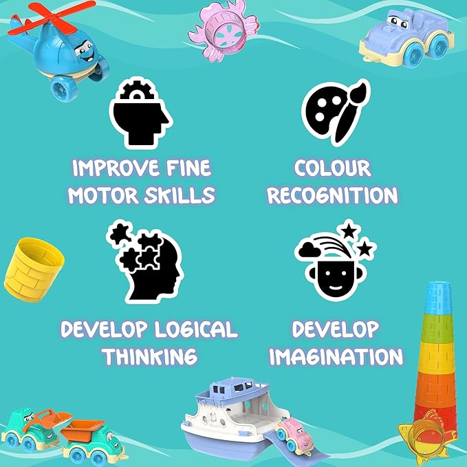 Ferry Fun & Friends – 15pcs & Baby Bath Toys with Ferry Boats, Cars for Bathtub, Trucks, Helicopter, Stacking Cups & Toy Animals, Toddler Bath Toys for 1 Year Old, Toddler Pool Boat Baby Toy