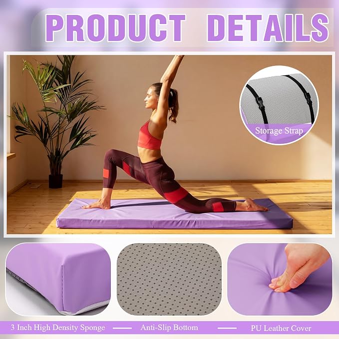 Lyrow 3 Inch Thick Yoga Mat, 72 x 24 Inch Cushioned Foam Floor Mat with Carry Strap, Non Slip PU Leather Workout Pad for Pilates, Stretching, Restorative Yoga and Home Gym