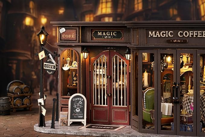 MAGQOO DIY Miniature Dollhouse Kit with Furniture 1:24 Scale Creative Room Mini Wooden Doll House Accessories DIY Miniature House Kit (Vintage Coffee Shop)