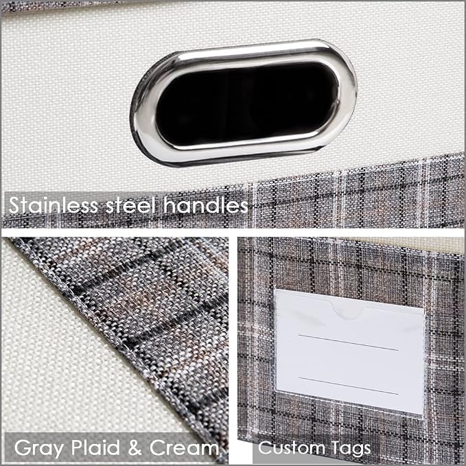 Collapsible Storage Bin with Lid [3-Pack] Fabric Foldable Storage Box Organizer Container Basket Cube with Cover for Home Bedroom Closet Office Nursery Gray plaid & Cream(14.9x9.8x9.8)
