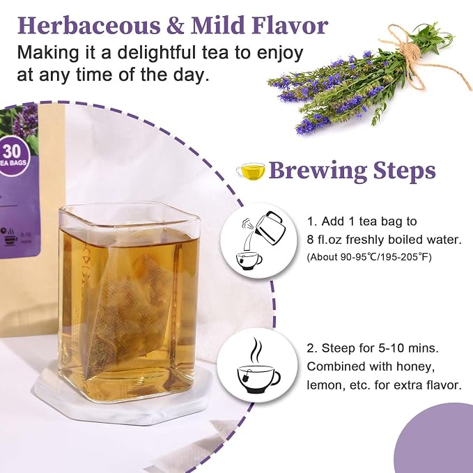 FullChea - Hyssop Tea Bags, 30 Count, Dried Hyssop Leaves & Flowers | Pure flower-rich hyssop tea, Non-GMO caffeine-free, rich in antioxidants, hot or iced for evening & post-dinner relaxation