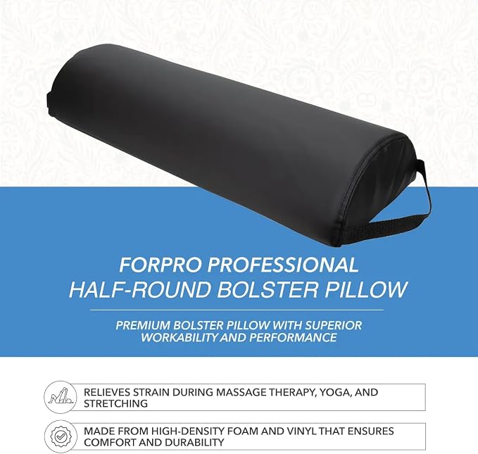 ForPro Premium Jumbo Half-Round Bolster Pillow for Massage and Yoga, Oil and Stain-Resistant, 9”W x 4.5" H x 26”L, Black