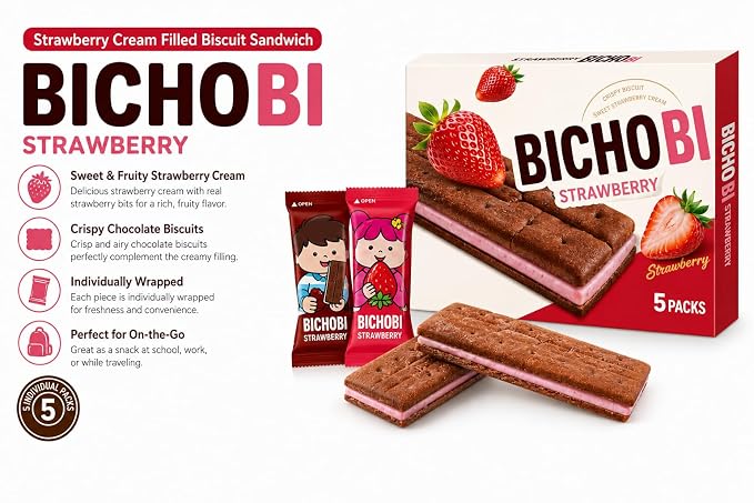 BICHOBI Strawberry Chocolate Biscuit Sandwich Cookies, 5 Packs, Korean Snack