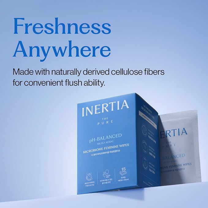 INERTIA Feminine Wipes - Flushable Intimate Wipes, pH-Balanced Microbiome Formula for Women, Biodegradable, Sensitive Skin, Individually Wrapped, 15 Count
