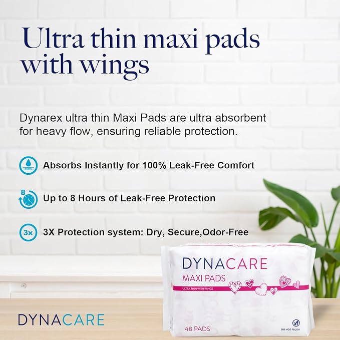 Dynarex Ultra Thin Maxi Pads with Wings - Light Absorbency Feminine Santiary Pads, Secure Fit, Leak-Free Protection, Unscented, Case of 2 Boxes, 48 per Box