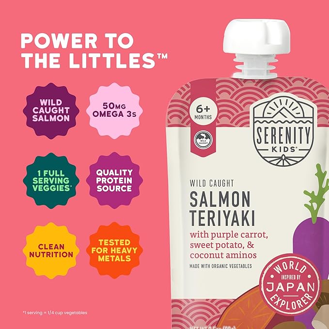 Serenity Kids + Months Baby Food Puree - Salmon Teriyaki Pouch, 3.5 oz, Pack of 6-5g Protein DV Wild-Caught Salmon Snacks - Nutrient-Packed Organic Baby Food Pouches - No Sugar Added Toddler Snack