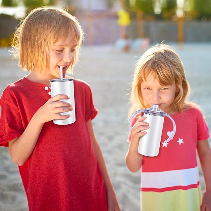 Sublimation Sippy Cup Blank, 4 Pack 12oz Kids Sublimation Tumblers with Straws, Insulated Straight Tumbler with Handle and Spill-proof Lid Toddler Sippy Water Bottle