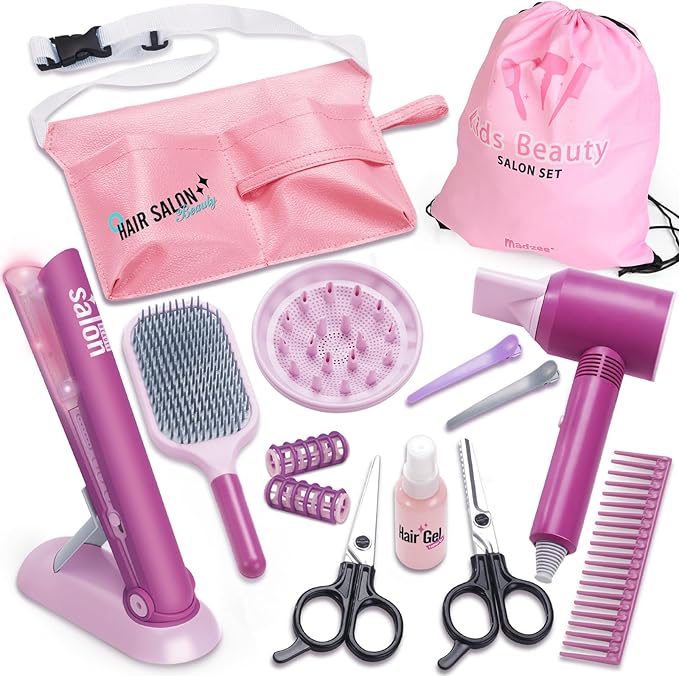 Madzee Girls Beauty Hair Salon Toys for Girls, Pretend Play Hair Stylist Toy Kit with Hairdryer, Pretend Play Hair Styling Toy Playset, Pink