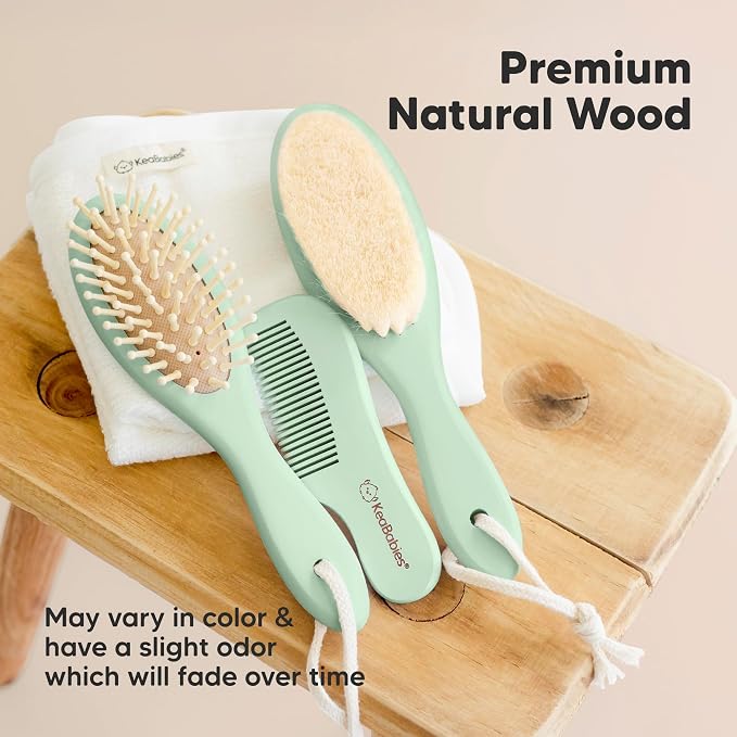 Wooden Baby Hair Brush Set for Newborns, Toddlers - Soft Goat Bristle Baby Brush and Comb Set Newborn Grooming Kit for Cradle Cap Care, Durable & Gentle, Boy, Girl Infant Essentials (Regular, Sage)