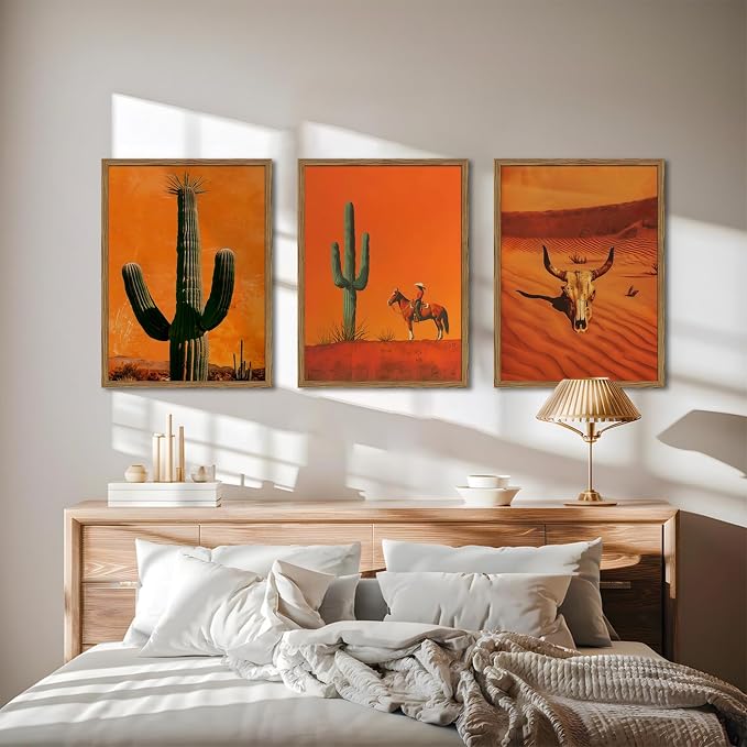 Framed Western Cowboy Canvas Wall Art Set of 3, Vintage Desert Cactus Pictures Wall Decor, Longhorn Bull Skull Paintings Prints Southwestern Home Decor for Living Room Bedroom 16x24 inch