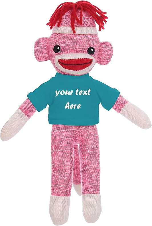 Huggable Pink Sock Monkey 8 Inch, Plush Stuffed Animal Personalized Gift-Custom Text on Shirt-Perfect for Halloween Day, Valentine's Day, Graduation Day, or Birthday Present (Teal)