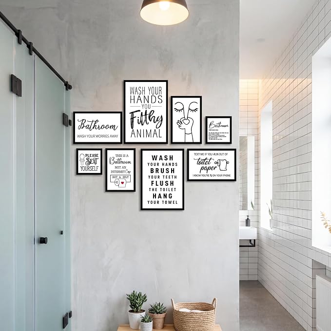 Faccito 8 Set Bathroom Wall Decor Funny Blacl and White Quotes Bathroom Wall Art Interesting Bad Smell Humorous Toilet Wooden Decoration Fun Wallart Signs Toilet Decor for Washroom