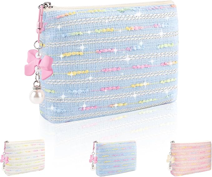 Mini Makeup Bag, Small Bow Tie Cosmetic Bag for Purse with Keychain, Portable XS Travel Makeup Pouch for Daily Use (Colorful Lines-Blue)
