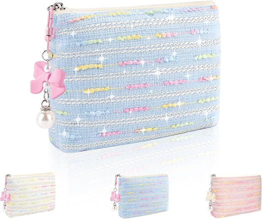 Mini Makeup Bag, Small Bow Tie Cosmetic Bag for Purse with Keychain, Portable XS Travel Makeup Pouch for Daily Use (Colorful Lines-Blue)