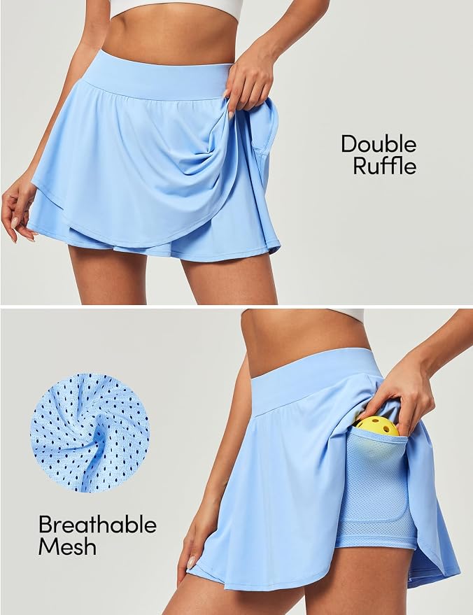 IUGA Tennis Skirt Pleated Skorts for Women with Pockets Skirts for Women | Double Ruffle Skort , Built-In Shorts, 2 Pockets, Tummy Control Breathable, Quick-dry, for Golf, Athletic, Running, Workout