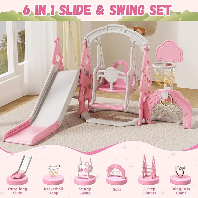 XJD 6-in-1 Toddler Slide and Swing Set, Kids Slide for Toddlers Age 1+, Toddler Outdoor Playset with Basketball Hoop, Football Frame, Swing, Christmas Birthday Gifts for Kids (Light Pink)
