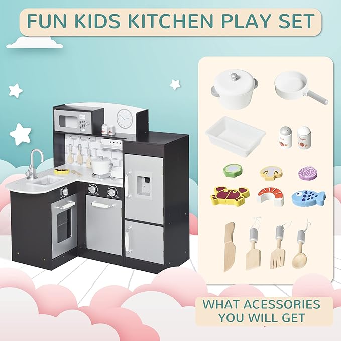 Qaba Corner Kids Kitchen Playset, Wooden Pretend Toy Kitchen Set with Drinking Fountain, Microwave, Fridge and Accessories, Pretend Play Kitchen for 3+ Years, Black