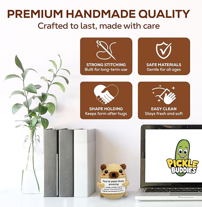 Positive Crochet Animals Pug - Handmade Emotional Support Crochet Doll Dog Desk Decor Pickle Gifts Emotional Support Plush for Anxiety & Stress Relief