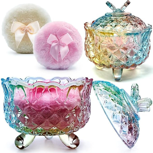 4" Glass Dusting Powder Container with 2 Fluffy Puffs,Cute 3.5" Soft Body Powder Puff and Jar Set(Butterfly-colorful)