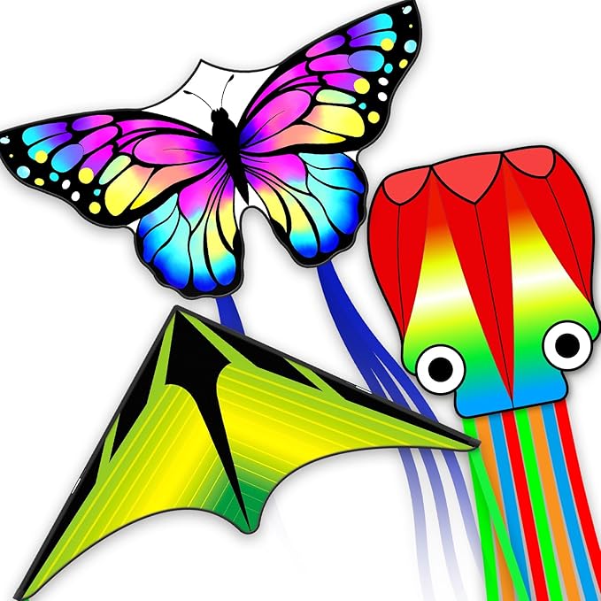 Kites for Kids & Adults,Large Kite for Beginners, Kites for Kids Ages 4-8,Outdoors Activities with Complete Handle, 328ft Kite String & Accessories (L Grassland,HG Butterfly,QC Octopus, 3)