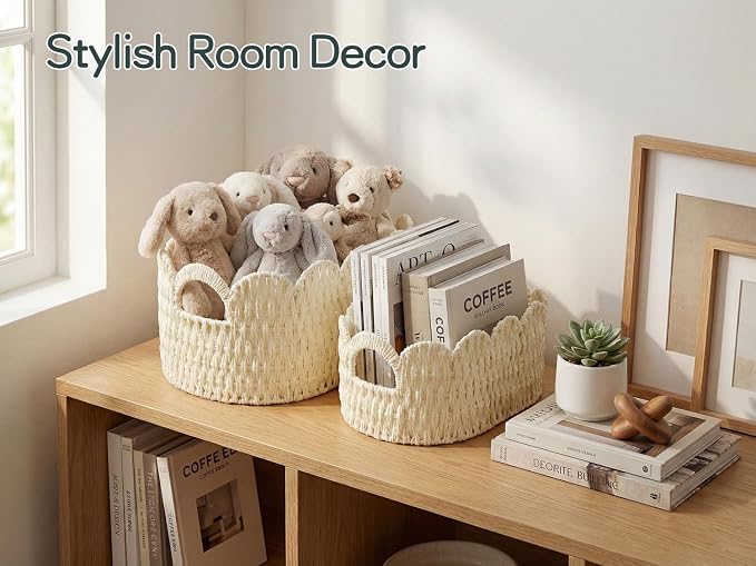 Coeusy Paper Rope Scalloped Basket Set of 2,Hand-woven Storage Baskets for Shelves,Nursery,Books,Toys,Cute Boho Decor Baskets for Organizing,White